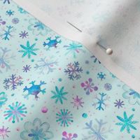 Small Scale Winter Watercolor Snowflakes Purple Pink Blue on Aqua