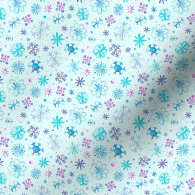 Small Scale Winter Watercolor Snowflakes Purple Pink Blue on Aqua