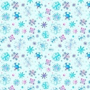 Small Scale Winter Watercolor Snowflakes Purple Pink Blue on Aqua