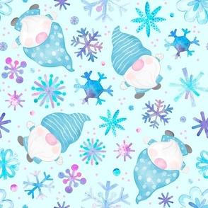 Large Scale Winter Watercolor Gnomes and Snowflakes Purple Pink Blue on Aqua