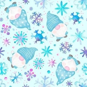 Medium Scale Winter Watercolor Gnomes and Snowflakes Purple Pink Blue on Aqua