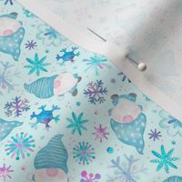 Small Scale Winter Watercolor Gnomes and Snowflakes Purple Pink Blue on Aqua