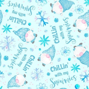 Large Scale Chillin' With My Snowmies Winter Watercolor Gnomes and Snowflakes Purple Pink Blue on Aqua