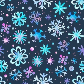 Large Scale Winter Watercolor Snowflakes Purple Pink Blue on Navy