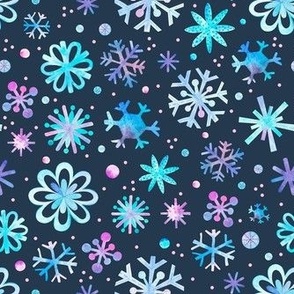 Medium Scale Winter Watercolor Snowflakes Purple Pink Blue on Navy