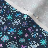 Small Scale Winter Watercolor Snowflakes Purple Pink Blue on Navy