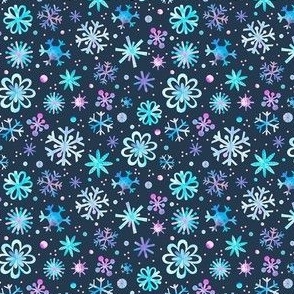 Small Scale Winter Watercolor Snowflakes Purple Pink Blue on Navy