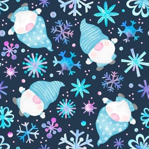 Large Scale Winter Watercolor Gnomes and Snowflakes Purple Pink Blue on Navy