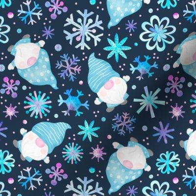 Medium Scale Winter Watercolor Gnomes and Snowflakes Purple Pink Blue on Navy