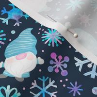 Medium Scale Winter Watercolor Gnomes and Snowflakes Purple Pink Blue on Navy