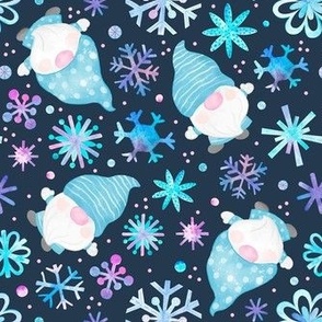 Medium Scale Winter Watercolor Gnomes and Snowflakes Purple Pink Blue on Navy