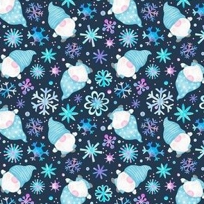 Small Scale Winter Watercolor Gnomes and Snowflakes Purple Pink Blue on Navy