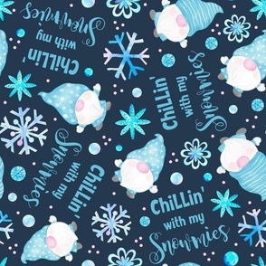 Large Scale Chillin' With My Snowmies Winter Watercolor Gnomes and Snowflakes Purple Pink Blue on Navy