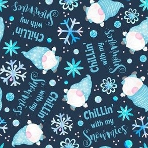 Medium Scale Chillin' With My Snowmies Winter Watercolor Gnomes and Snowflakes Purple Pink Blue on Navy