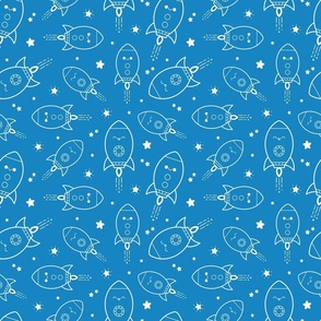 Kawaii Rockets - White Outlines - Blue Background