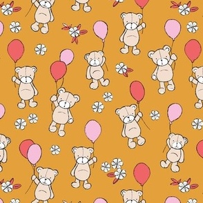 Little happy birthday balloon teddy bear design for kids nursery freehand bears and balloon design ochre yellow pink coral autumn