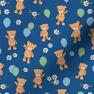 Little happy birthday balloon teddy bear design for kids nursery freehand bears and balloon design sage green teal on classic blue winter