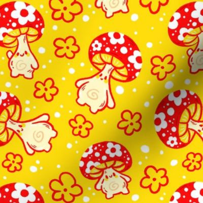 Groovy Mushroom Toadstools on Yellow