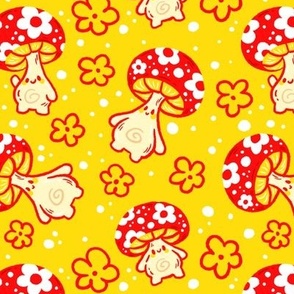 Groovy Mushroom Toadstools on Yellow