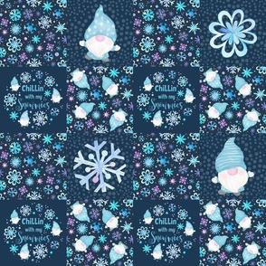 Smaller Scale 3" Patchwork Chillin' With My Snowies Winter Snowflake Gnomes for Cheater Quilt or Blanket