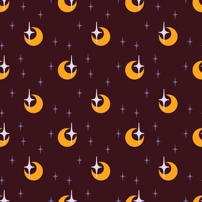 Modern Witchy Golden Crescent Moon, Lavender Stars, and Maroon Sky: Directional