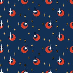 Modern Navy Galaxy With Scarlet Moons With White and Gold Stars: Non-Directional