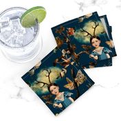 Spooky Steampunk Retro Gothic dark academia Girls Create Witchy Collage with Mystic Animals for Halloween Aesthetic Wallpaper Night Blue