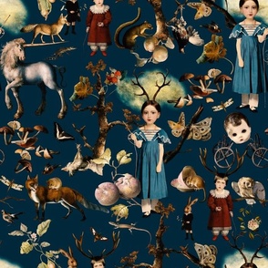 Spooky Steampunk Retro Gothic dark academia Girls Create Witchy Collage with Mystic Animals for Halloween Aesthetic Wallpaper Night Blue