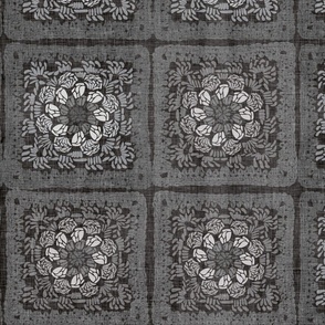 Lily Pad Granny Square- black and gray with white linen texture (medium scale)