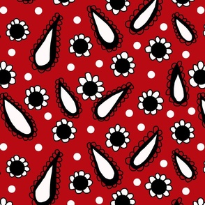 daisies and paisleys on red