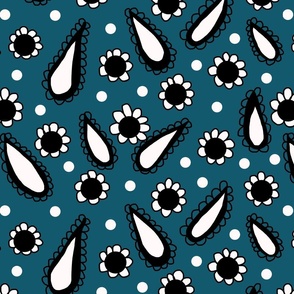 daisies and paisleys on soothing blue