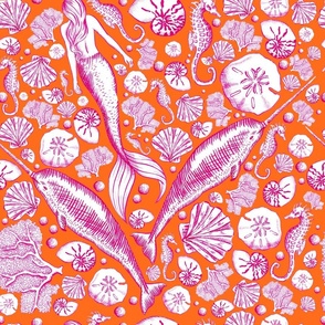 Mermaid Narwhal Toile - Pink and Orange