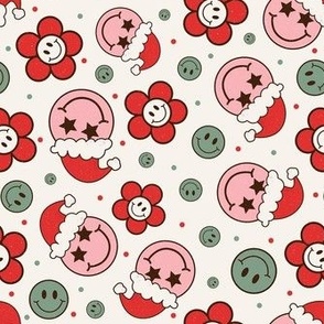 Medium Scale Groovy Retro Christmas Santa Smile Faces and Daisy Flowers