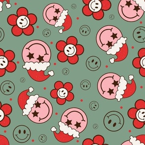 Large Scale Groovy Retro Christmas Santa Smile Faces and Daisy Flowers