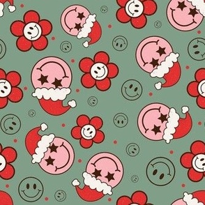 Medium Scale Groovy Retro Christmas Santa Smile Faces and Daisy Flowers