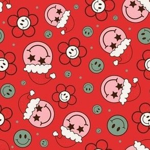 Medium Scale Groovy Retro Christmas Santa Smile Faces and Daisy Flowers