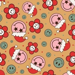 Medium Scale Groovy Retro Christmas Santa Smile Faces and Daisy Flowers