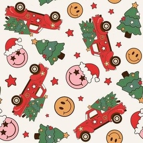 Medium Scale Groovy Christmas Retro Red Trucks Christmas Trees Smile Face Santa Claus