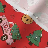 Medium Scale Groovy Christmas Retro Pink Trucks Christmas Trees Smile Face Santa Claus