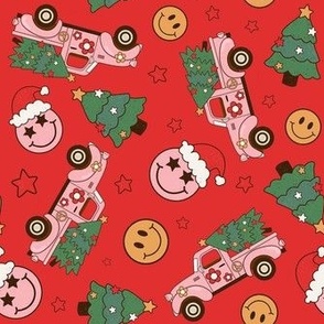Medium Scale Groovy Christmas Retro Pink Trucks Christmas Trees Smile Face Santa Claus