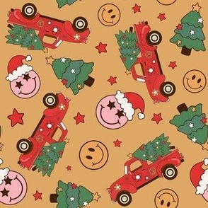 Medium Scale Groovy Christmas Retro Red Trucks Christmas Trees Smile Face Santa Claus