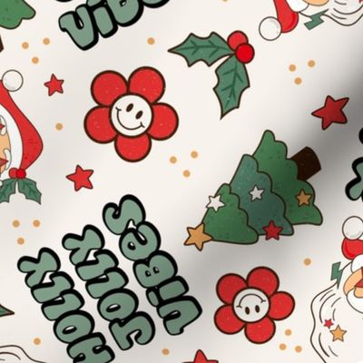 Large Scale Holly Jolly Vibes Retro Santa Claus Groovy Holiday Smile Face Daisies and Christmas Trees