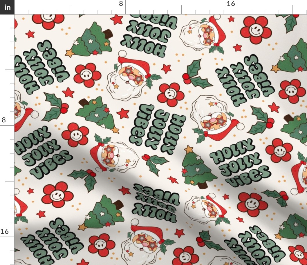 Large Scale Holly Jolly Vibes Retro Santa Claus Groovy Holiday Smile Face Daisies and Christmas Trees