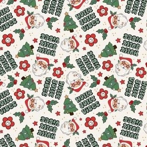Small Scale Holly Jolly Vibes Retro Santa Claus Groovy Holiday Smile Face Daisies and Christmas Trees