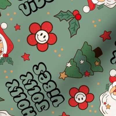 Large Scale Holly Jolly Vibes Retro Santa Claus Groovy Holiday Smile Face Daisies and Christmas Trees