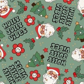 Medium Scale Holly Jolly Vibes Retro Santa Claus Groovy Holiday Smile Face Daisies and Christmas Trees