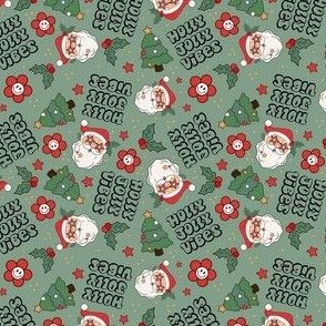 Small Scale Holly Jolly Vibes Retro Santa Claus Groovy Holiday Smile Face Daisies and Christmas Trees