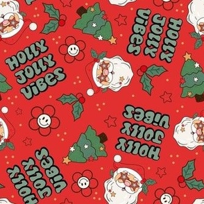 Medium Scale Holly Jolly Vibes Retro Santa Claus Groovy Holiday Smile Face Daisies and Christmas Trees
