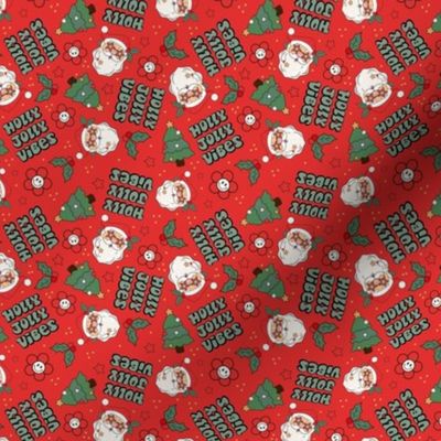 Small Scale Holly Jolly Vibes Retro Santa Claus Groovy Holiday Smile Face Daisies and Christmas Trees