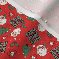 Small Scale Holly Jolly Vibes Retro Santa Claus Groovy Holiday Smile Face Daisies and Christmas Trees